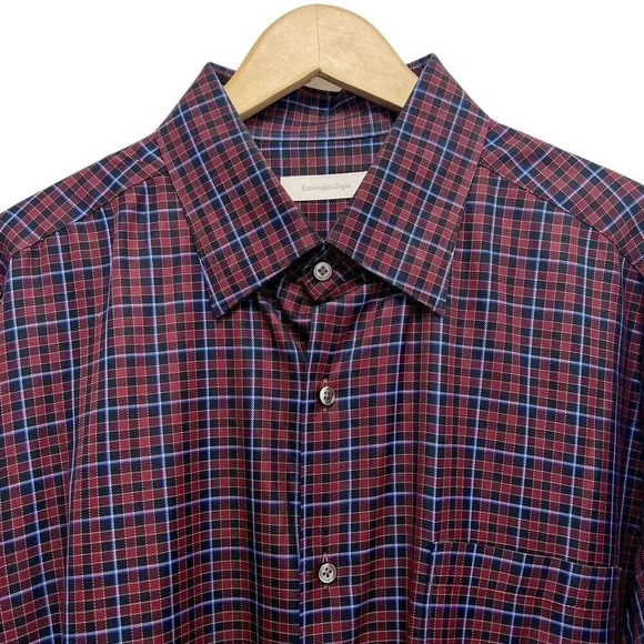 Ermenegildo Zegna Casual Button Down Shirt Red With Blue Plaid Italy Size XXL - Picture 2 of 9